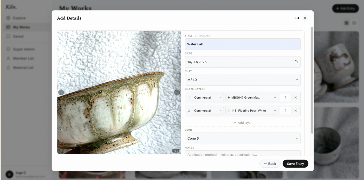 The Add Details modal, logging a piece's title, date, clay body, glaze layers, and cone