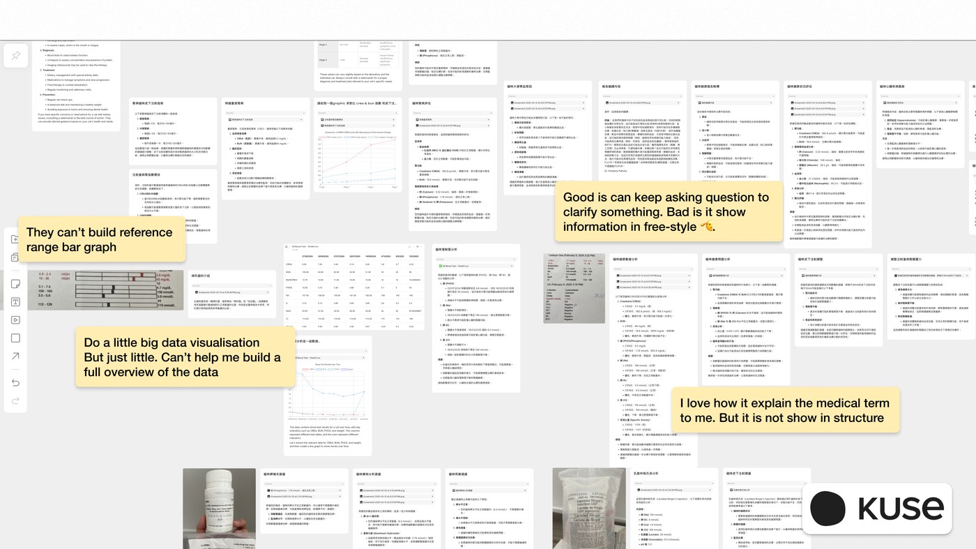 A board of Claude and ChatGPT conversations about DOGE's bloodwork, annotated with what worked and what didn't