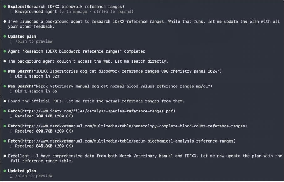 Claude's research trace: web searches and fetches against IDEXX and Merck Veterinary Manual