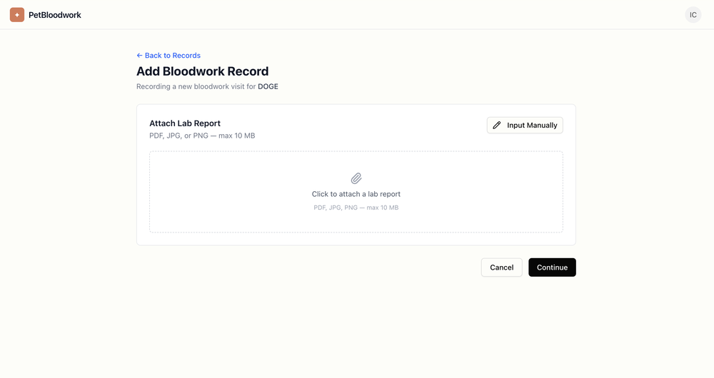 The Add Bloodwork Record screen before a lab report is attached