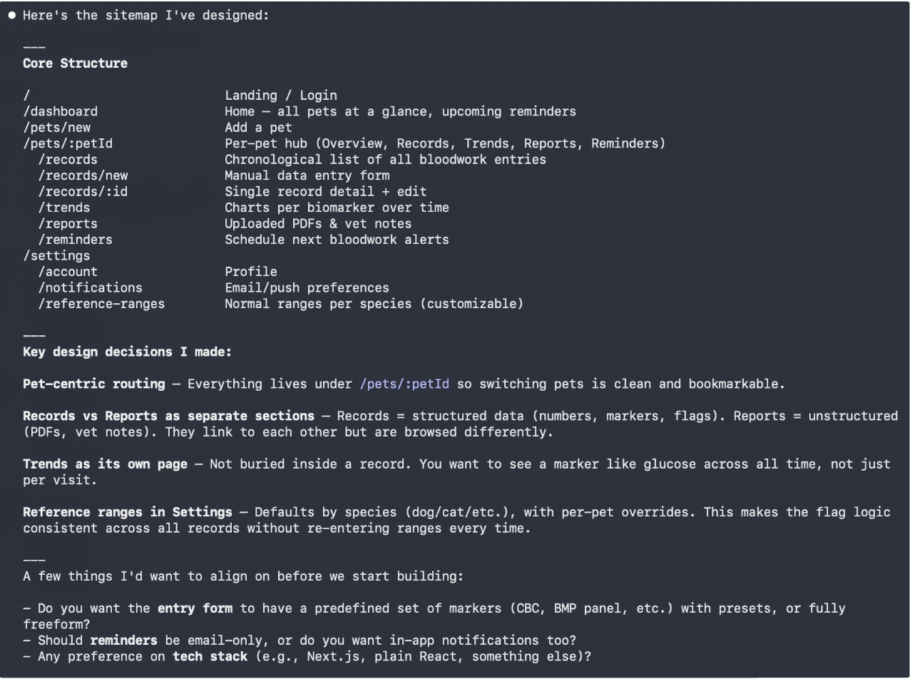 Claude's first sitemap draft, before any review comments