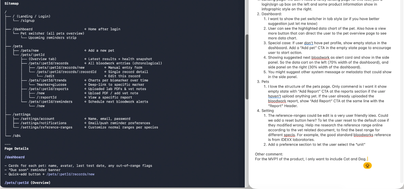 Claude's generated sitemap plan next to my written review comments on it