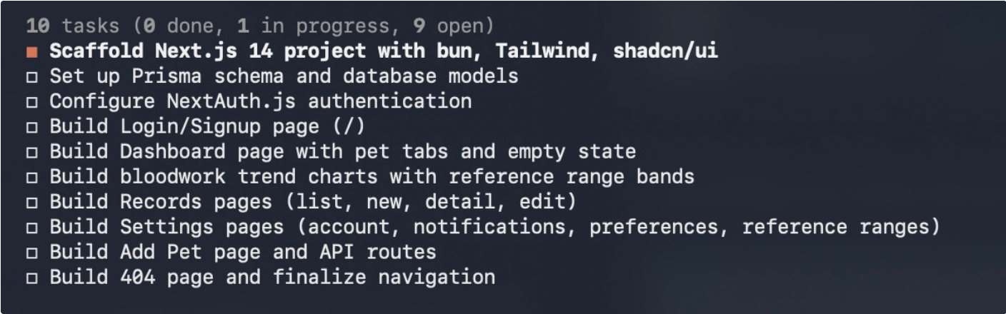 Claude's 10-task build checklist: scaffolding, Prisma schema, NextAuth, and every page