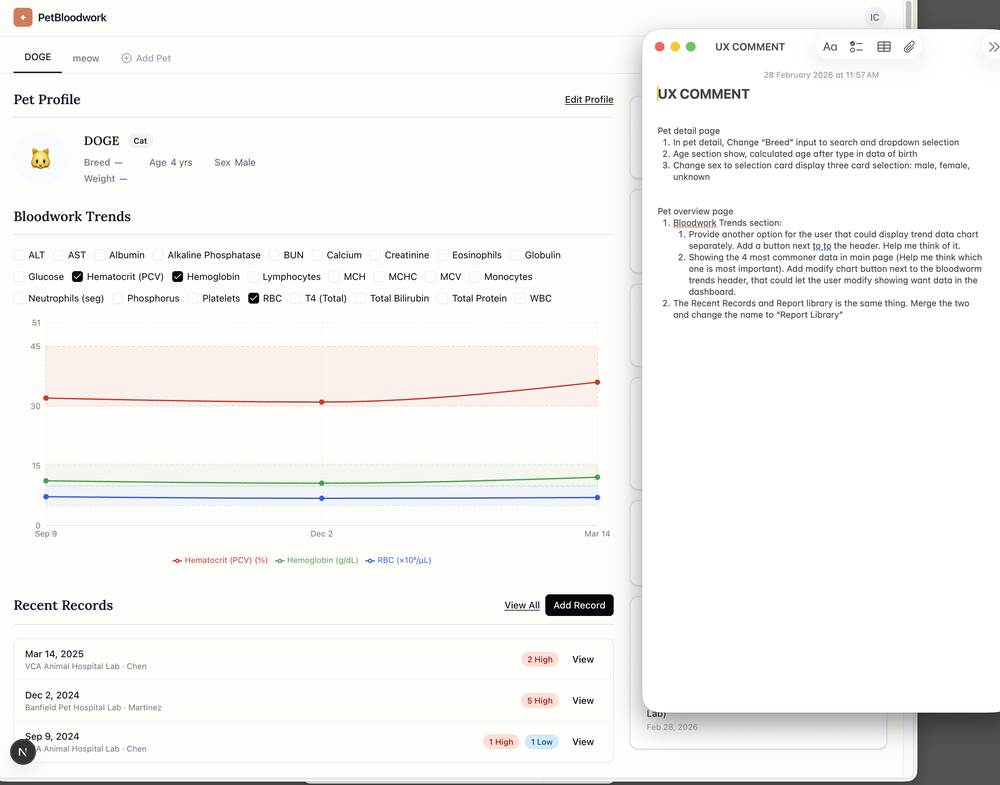 My actual UX review comments overlaid on the working dashboard