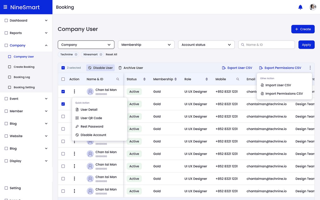Company User table with batch actions: disable, archive, import and export CSV