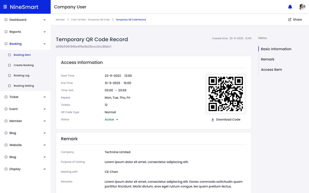 Temporary QR Code Record detail view