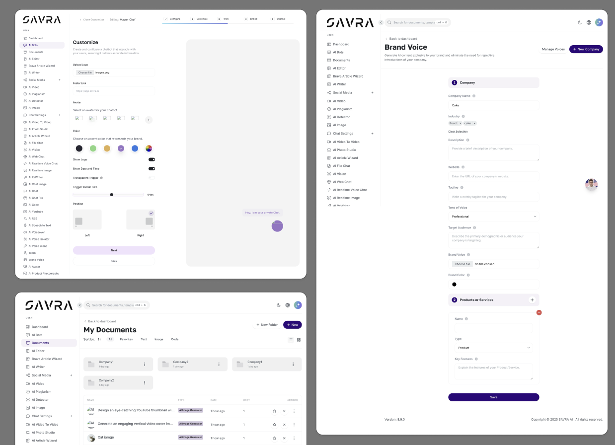 Chatbot Customize, Brand Voice setup, and My Documents shown as three separate screens with no flow connecting them