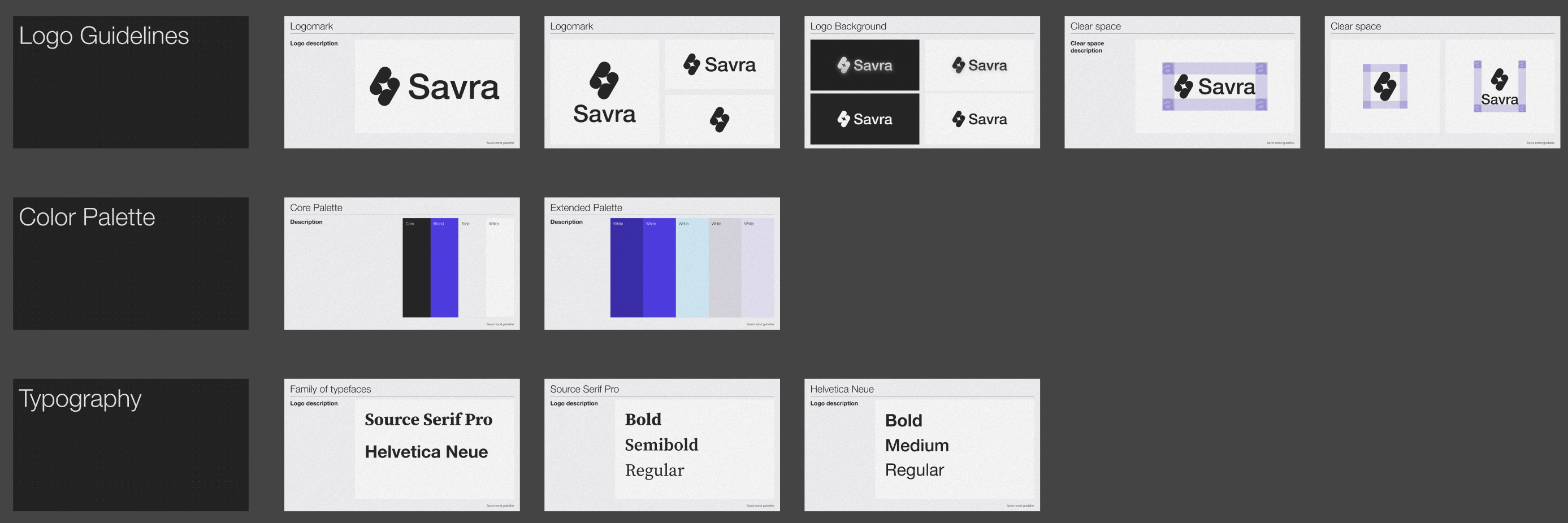 Logo guidelines covering logomark usage, logo background, clear space, colour palette, and typography