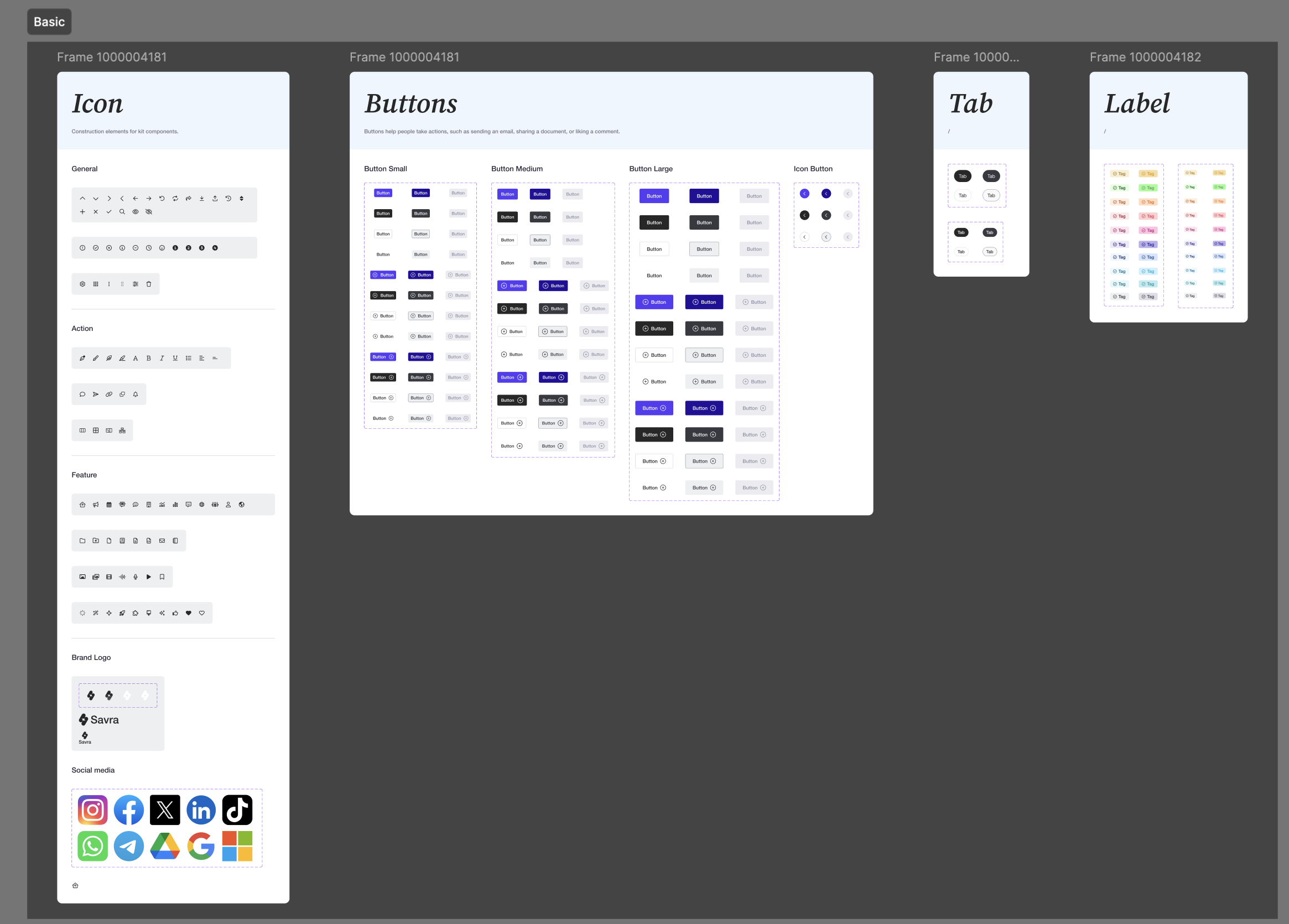 Basic component sheet: icons, buttons in three sizes and states, tabs, and labels