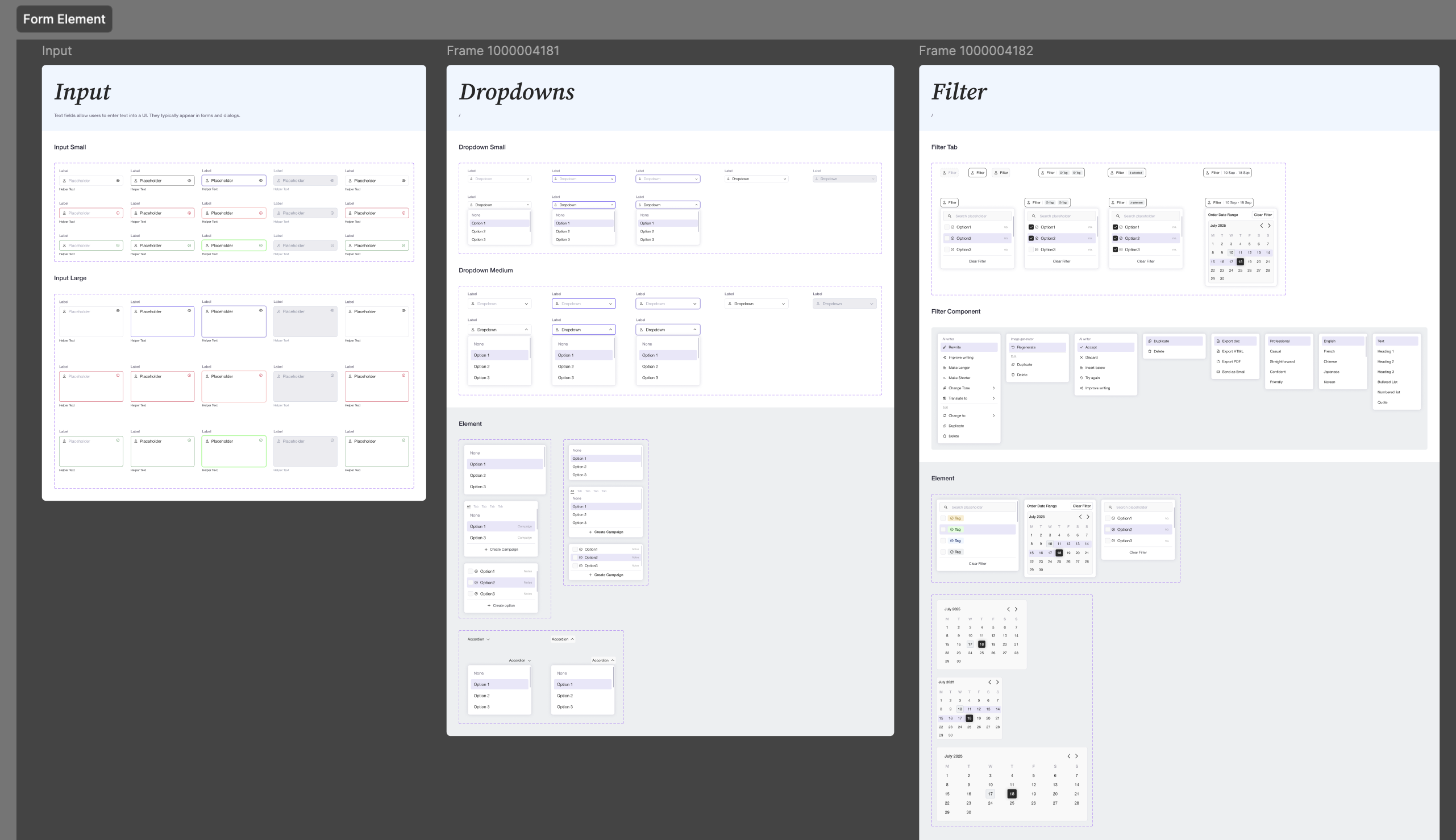 Form element component sheet: inputs, dropdowns, and filter components with their building blocks