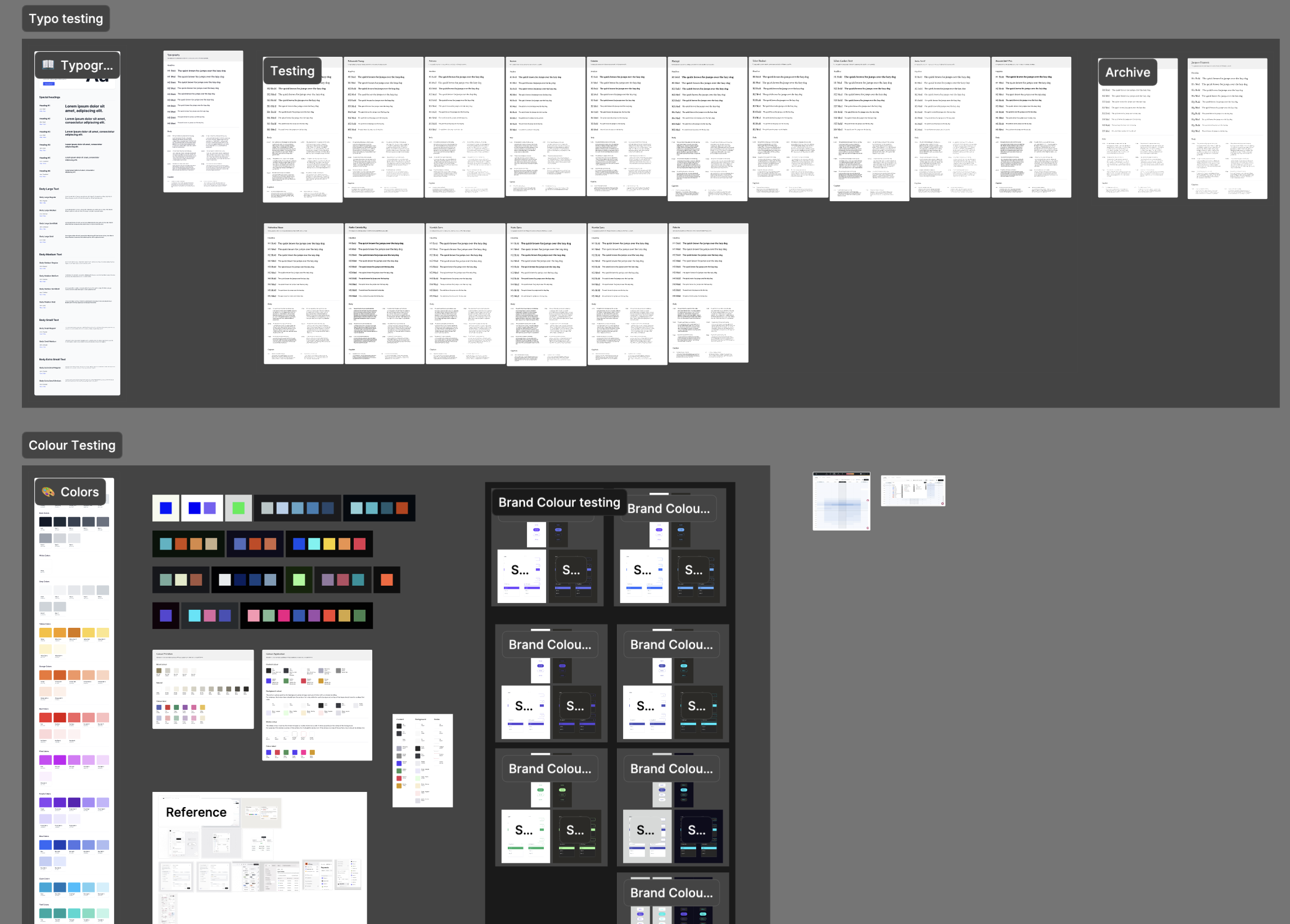 Typography and colour exploration boards testing multiple typefaces and palettes before settling on the final system