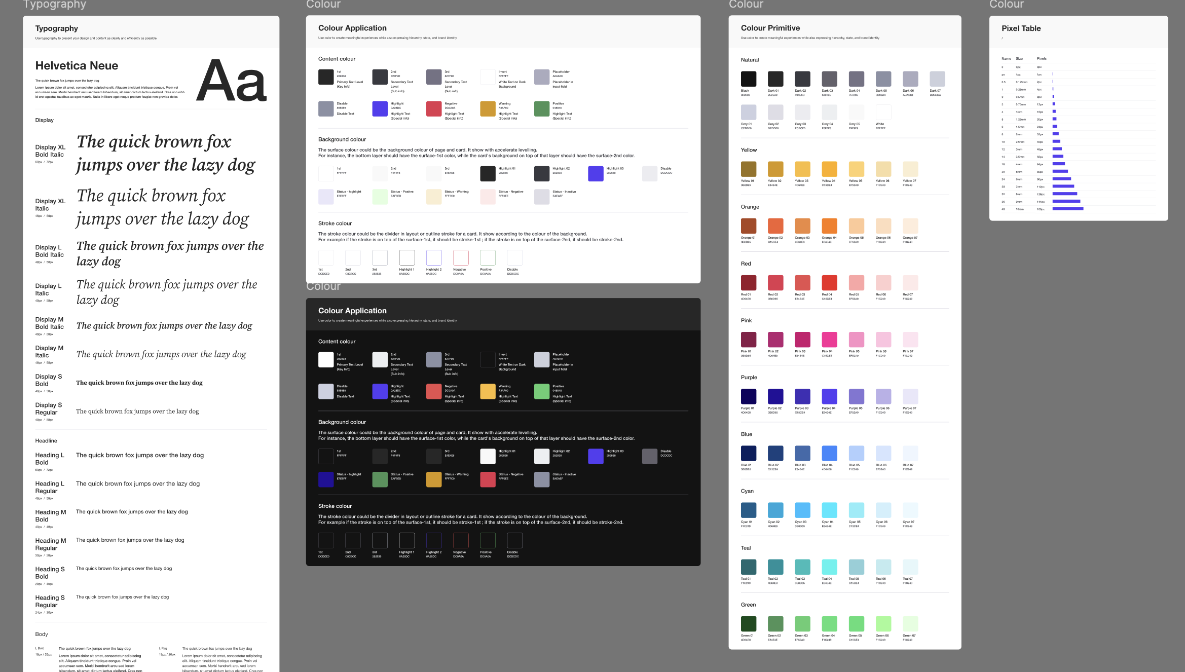 Finalised typography scale, colour application rules, colour primitives, and pixel spacing table