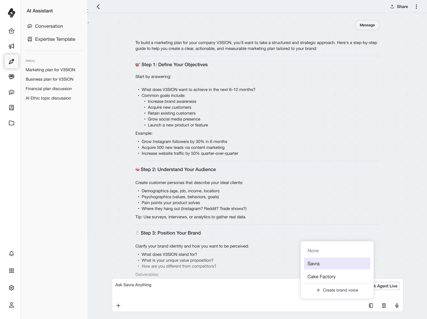 AI Assistant conversation generating a step-by-step marketing plan