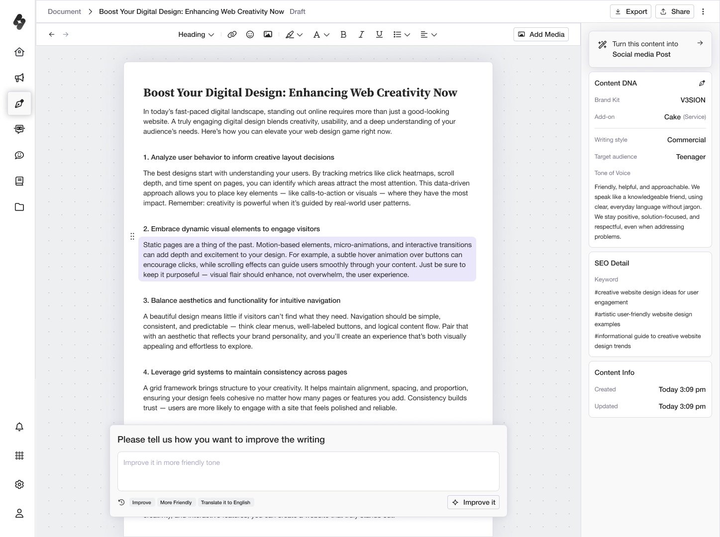 AI Writer document editor with the Content DNA and SEO detail panel