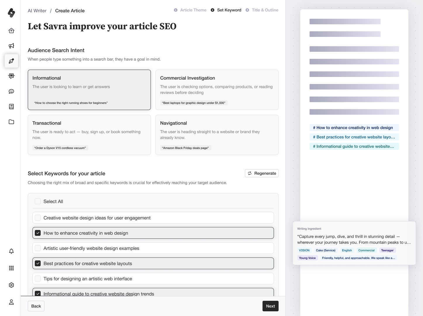 AI Writer SEO step, selecting audience search intent and keywords for an article
