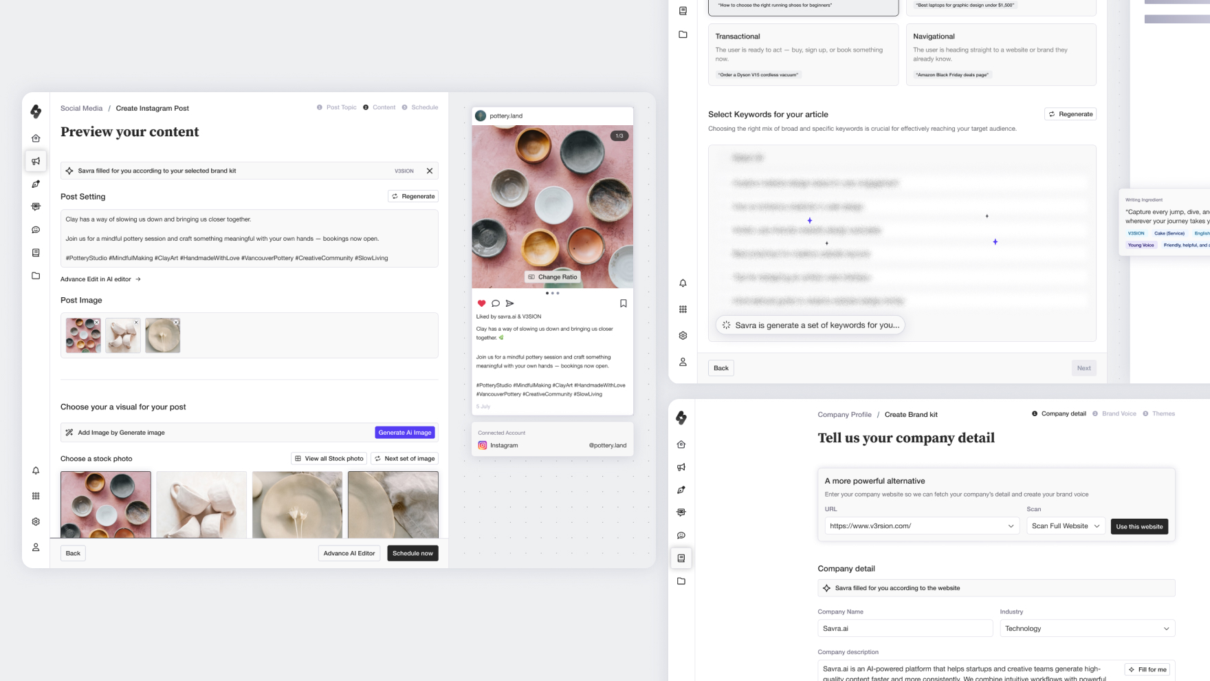 The dismissible brand kit attribution chip appearing above generated content across Instagram post creation, SEO keyword selection, and company profile setup