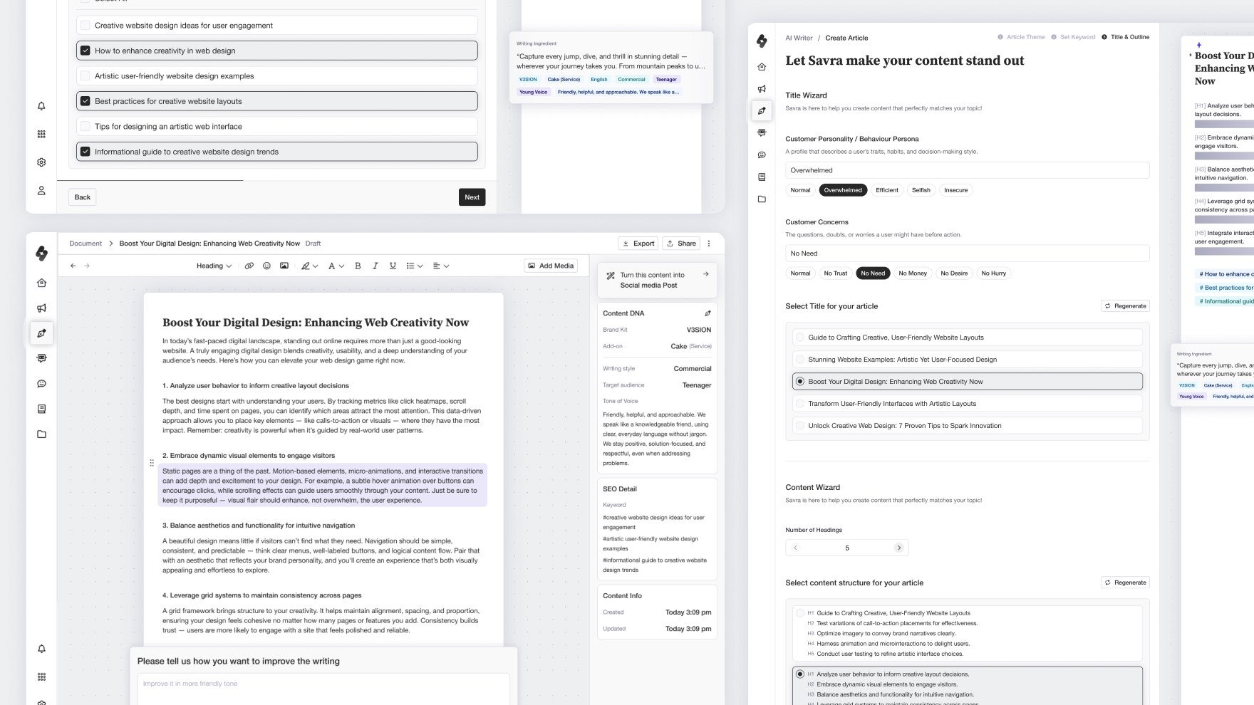 The Content DNA panel, brand kit, and SEO details staying visible and editable across the AI Writer's outline, drafting, and structuring steps