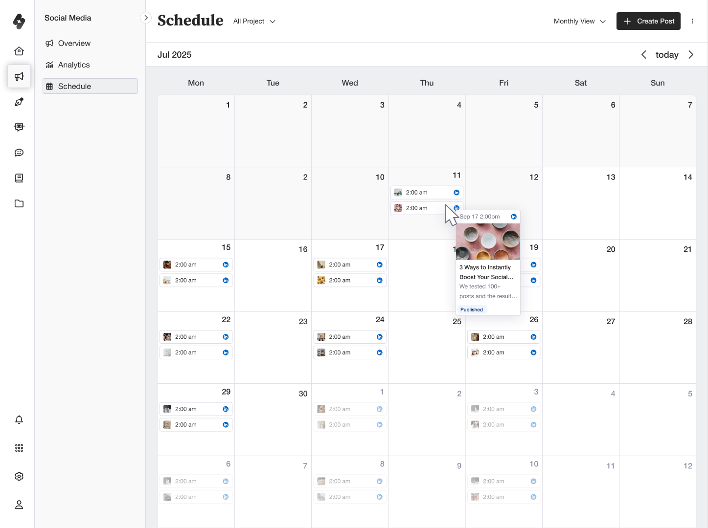 Social Media schedule in monthly calendar view