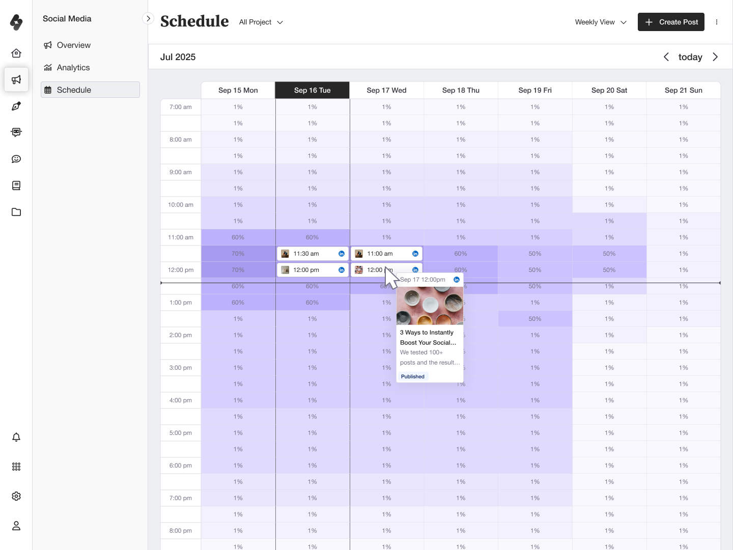 Social Media schedule in weekly heatmap view, showing best times to post