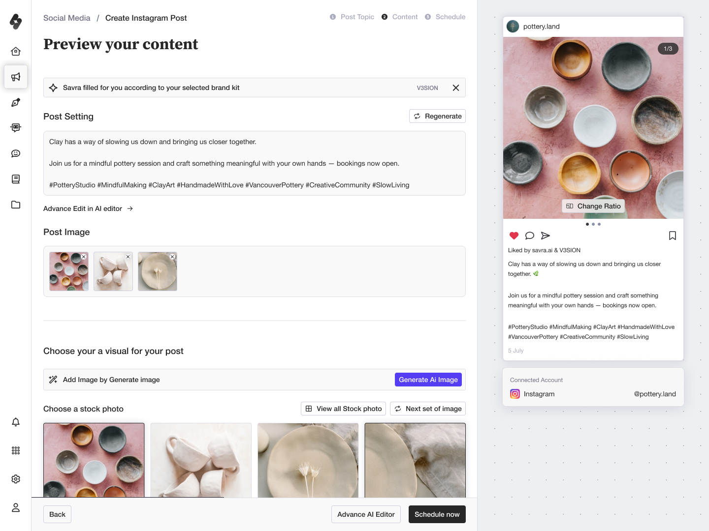 Instagram post creation flow with live preview of the generated caption and image