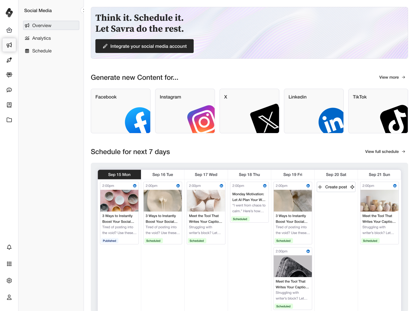 Social Media overview screen, with content generation shortcuts and the next 7 days' schedule