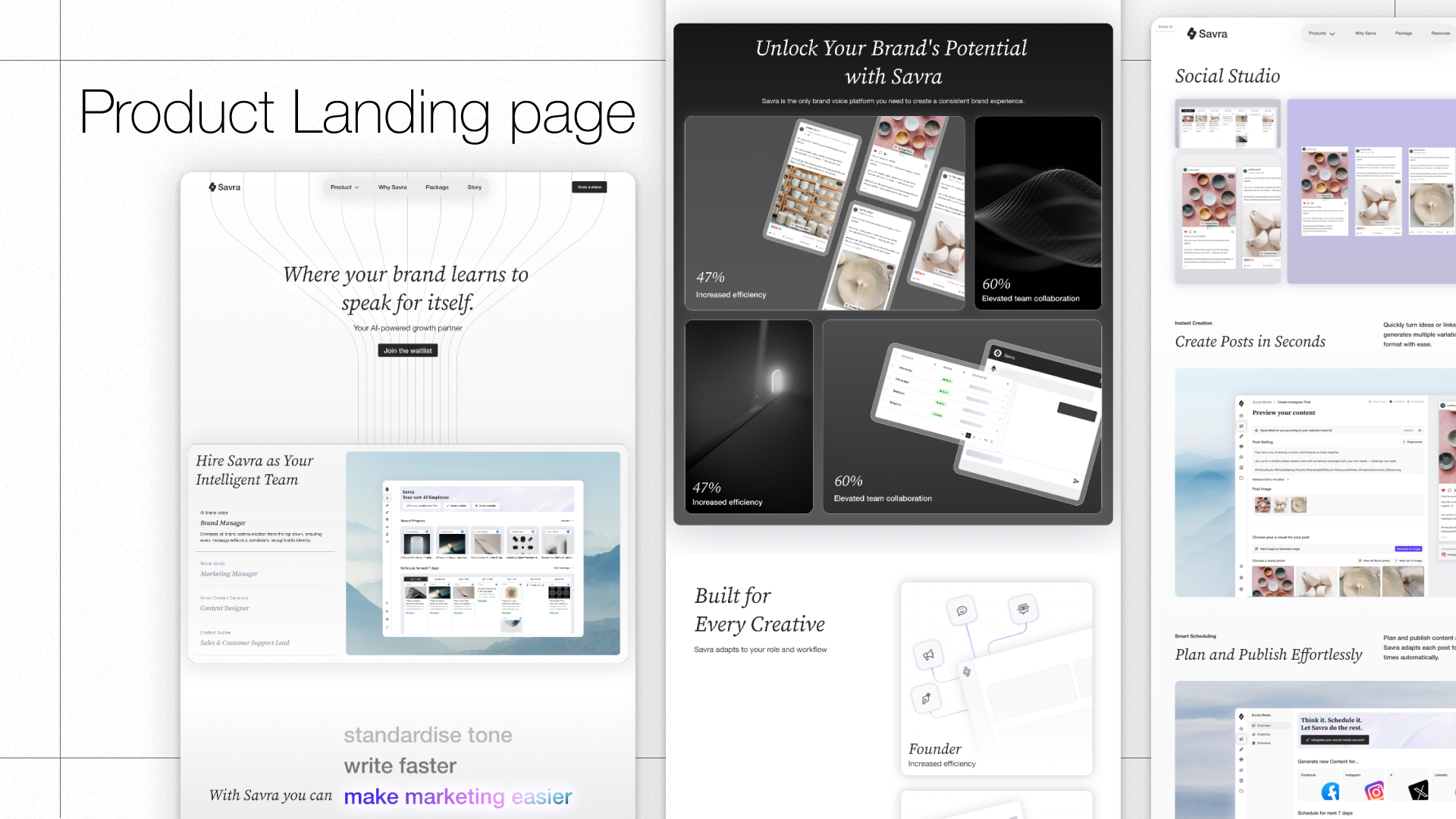 The Savra AI marketing landing page, including the hero, brand potential section, and Social Studio feature spread