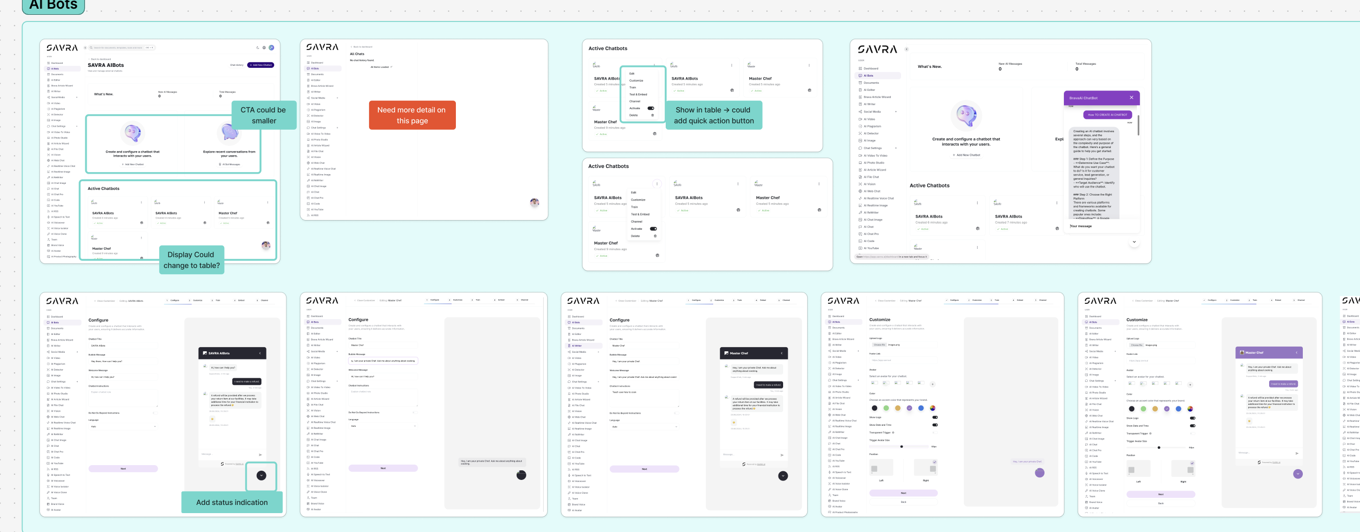 Feature audit of the AI Bots screens with UX notes