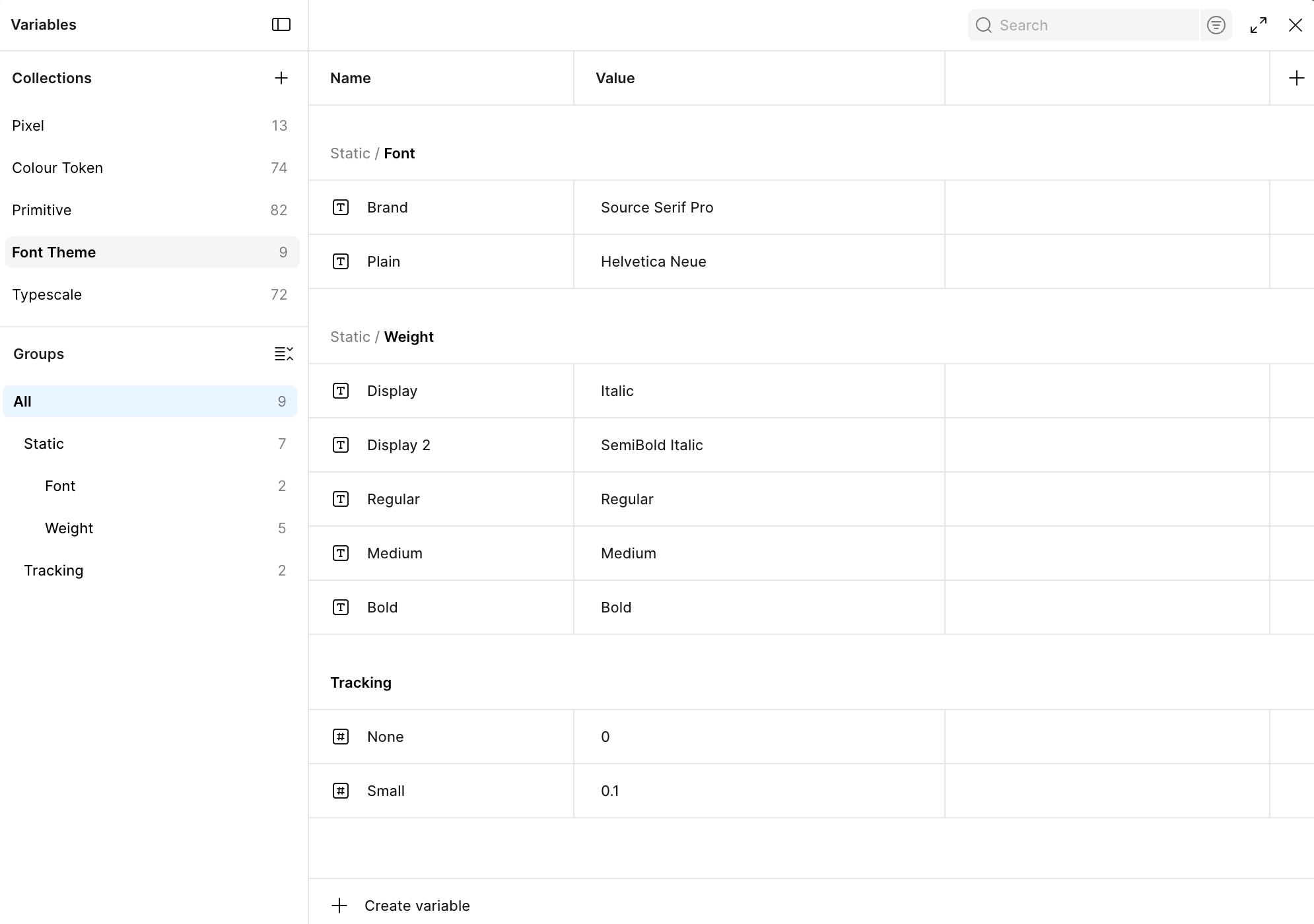 Figma Variables panel showing the Font Theme collection: brand and plain typefaces, weights, and tracking