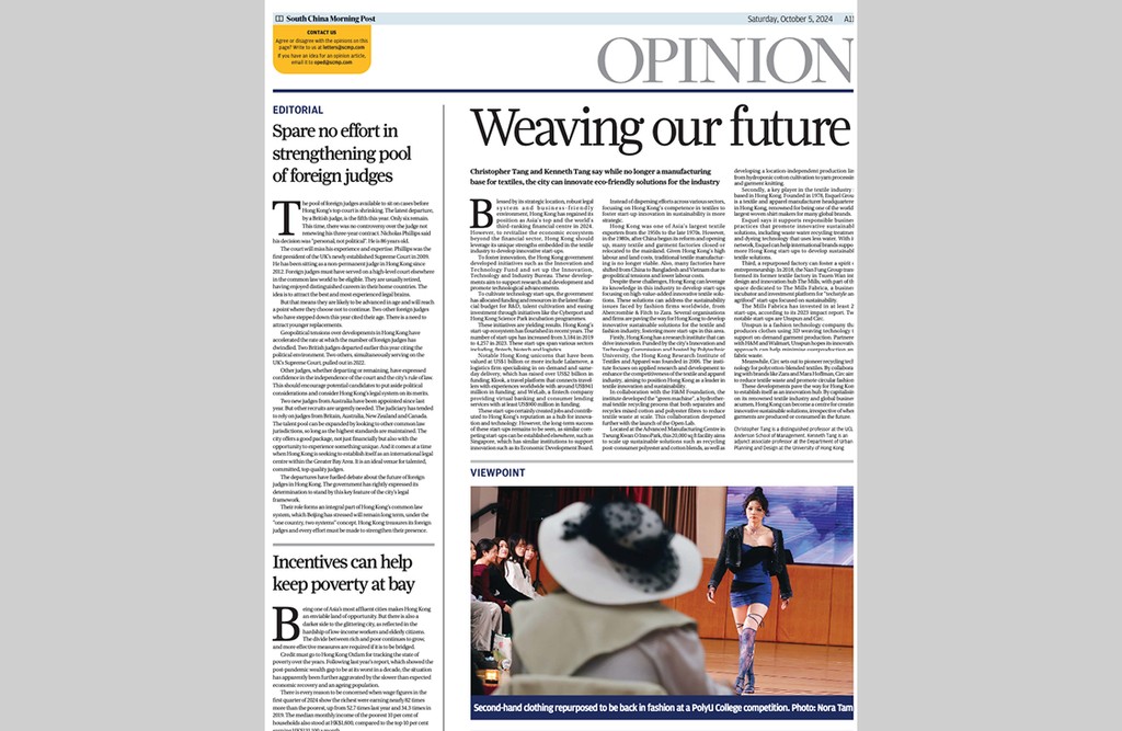 South China Morning Post opinion coverage on sustainable fashion, featuring a Styoolish campaign photo
