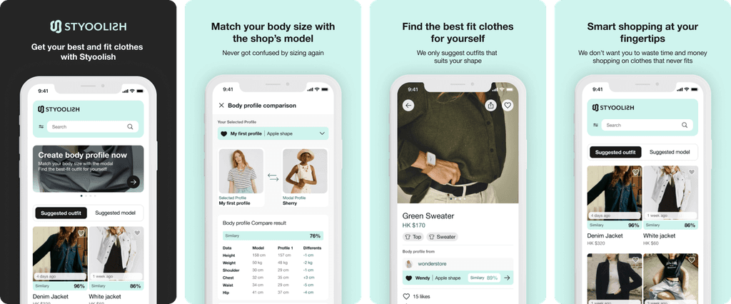 App store style screens: create a body profile, match your size with the shop's model, find the best fit, and shop smarter