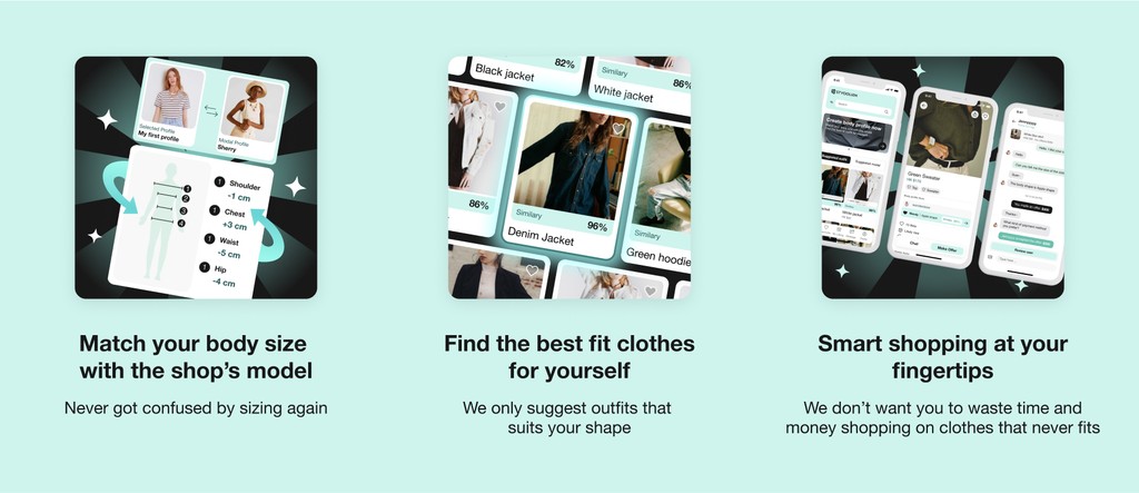 Feature marketing screens: match your body size with the shop's model, find the best fit clothes, and shop smarter